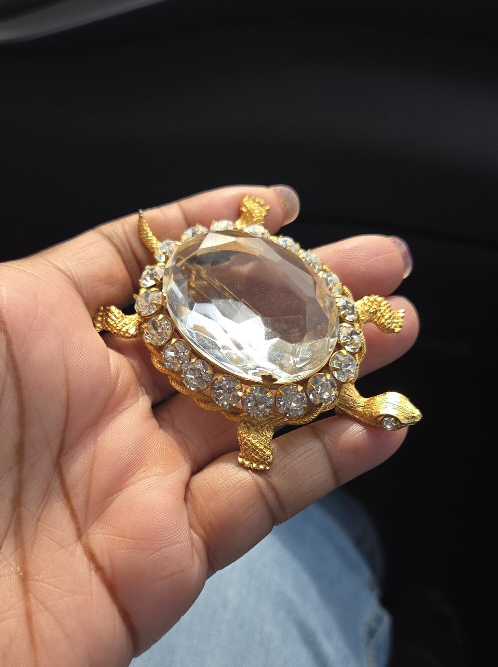 Signed DeNicola Turtle Figural Brooch with Glass Rhinestone Belly